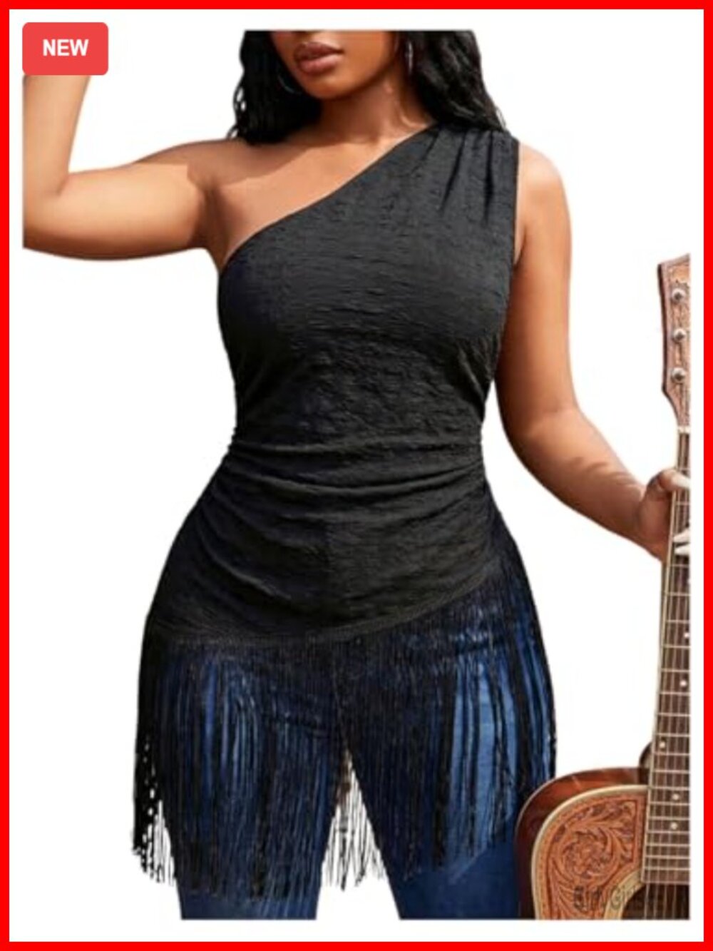 Plus Size Fringe One Shoulder Ruched Sleeveless Tank Top